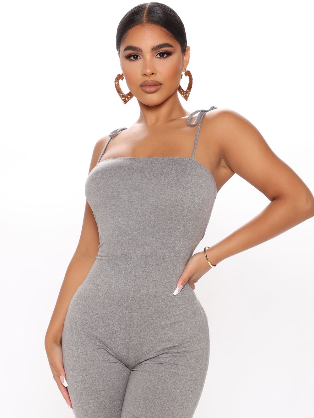 Fashion Nova Grey Tie-Shoulder Stretch Jumpsuit